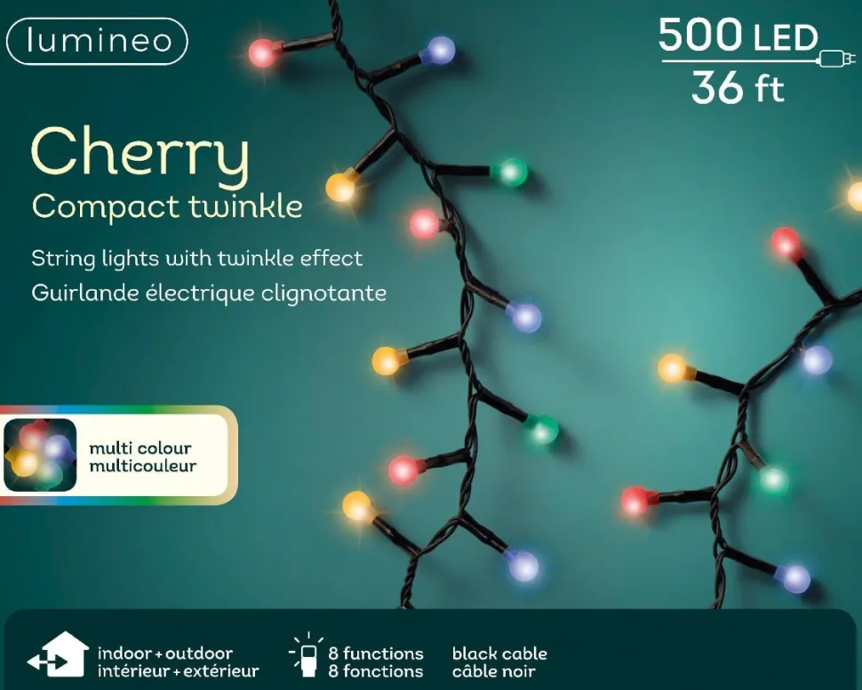 500 multicolor LED Christmas lights, int./ext., black wire, 36′