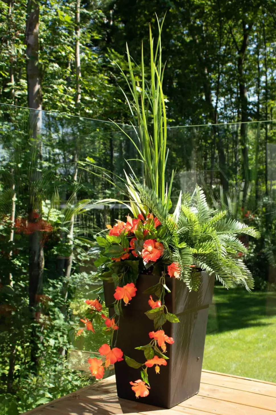 Artificial orange hibiscus flowers and grass outdoor planter, 55″