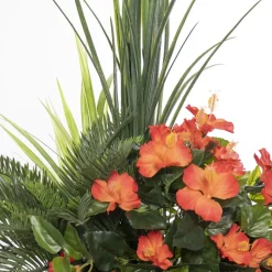 Artificial orange hibiscus flowers and grass outdoor planter, 55″