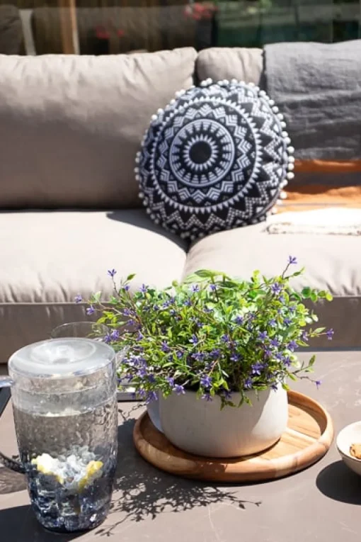 Artificial peperomia and purple outdoor flower centerpiece, 13 x 14"