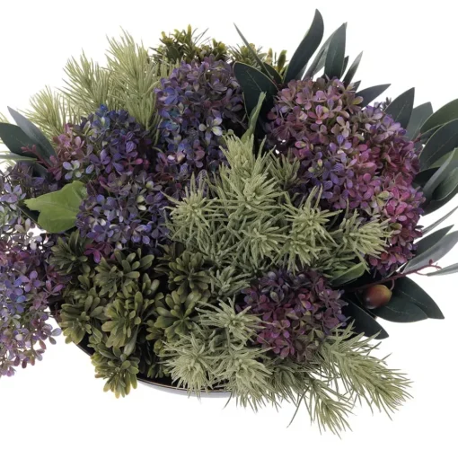 Artificial purple hydrangea and grass centerpiece