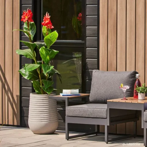 Artificial red outdoor canna in a grey terrazzo beige pot, 62"