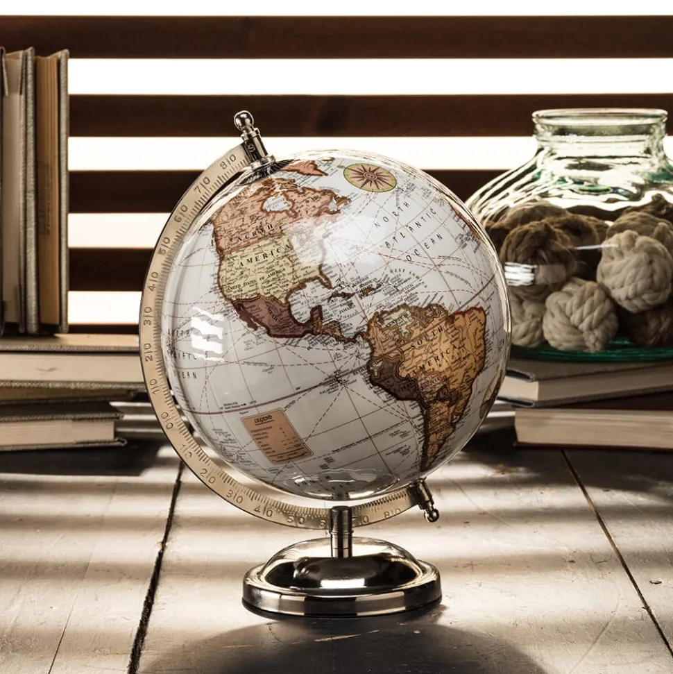Brown and white earth globe on a silver stand, 8"
