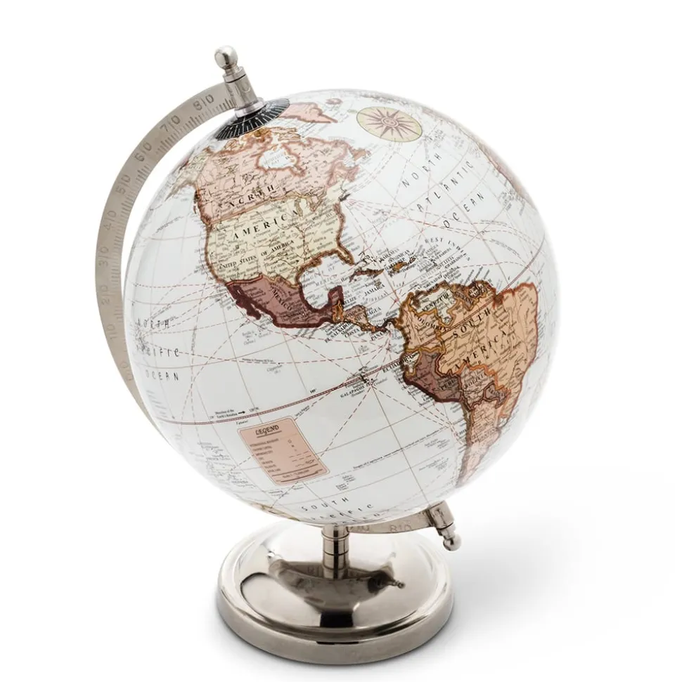 Brown and white earth globe on a silver stand, 8"