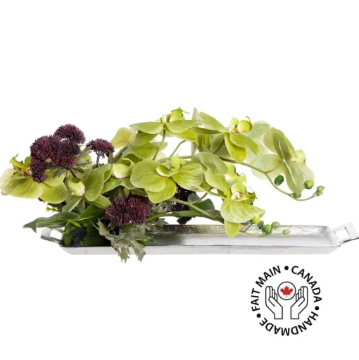 Burgundy sedum and green orchid centerpiece