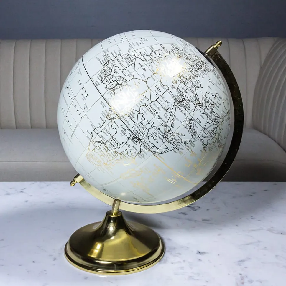 Cream earth globe on a gold stand, 12"
