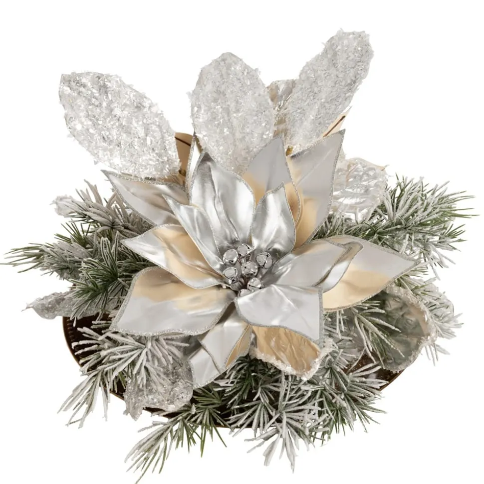 Flocked pine and poinsettia Christmas centerpiece, 10 x 16"