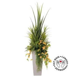 Grand vase extérieur d’hibiscus jaune et feuillages artificiels, 76 x 25″