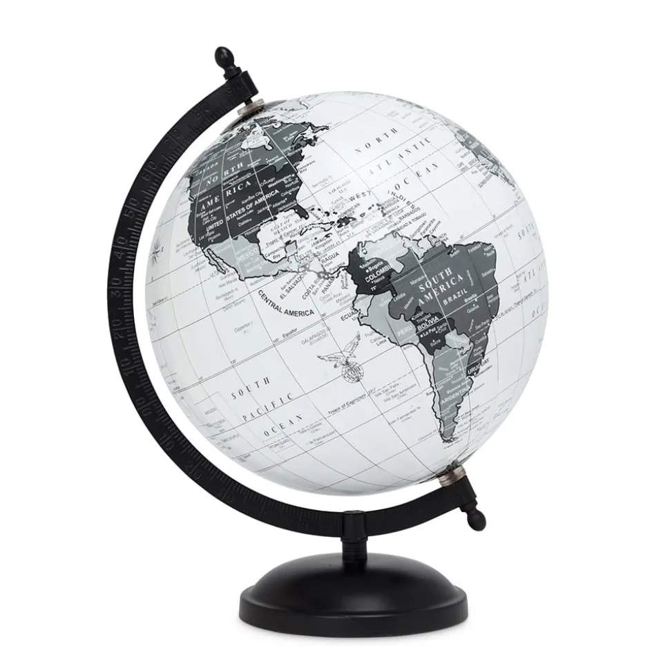 Grey and white earth globe on a black stand, 8"