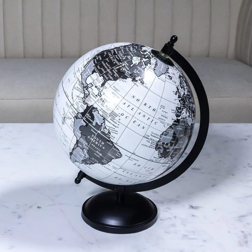 Grey and white earth globe on a black stand, 8"