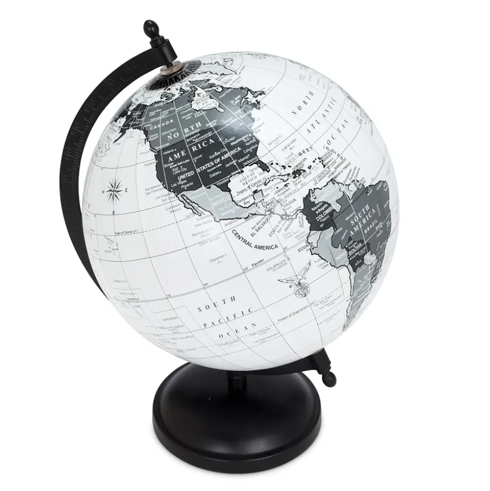 Grey and white earth globe on a black stand, 8"