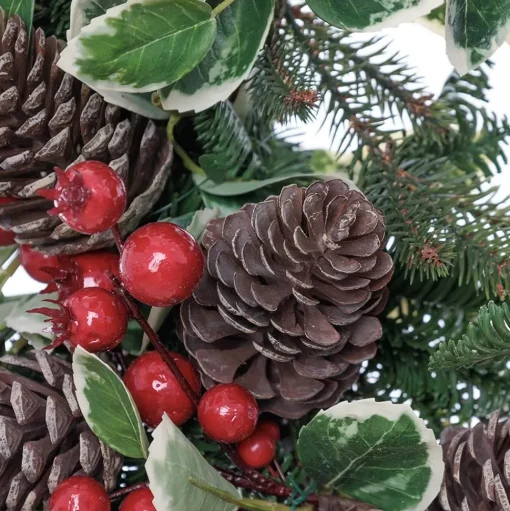 Holly Christmas wreath of pinecones and berries, 21 x 6"