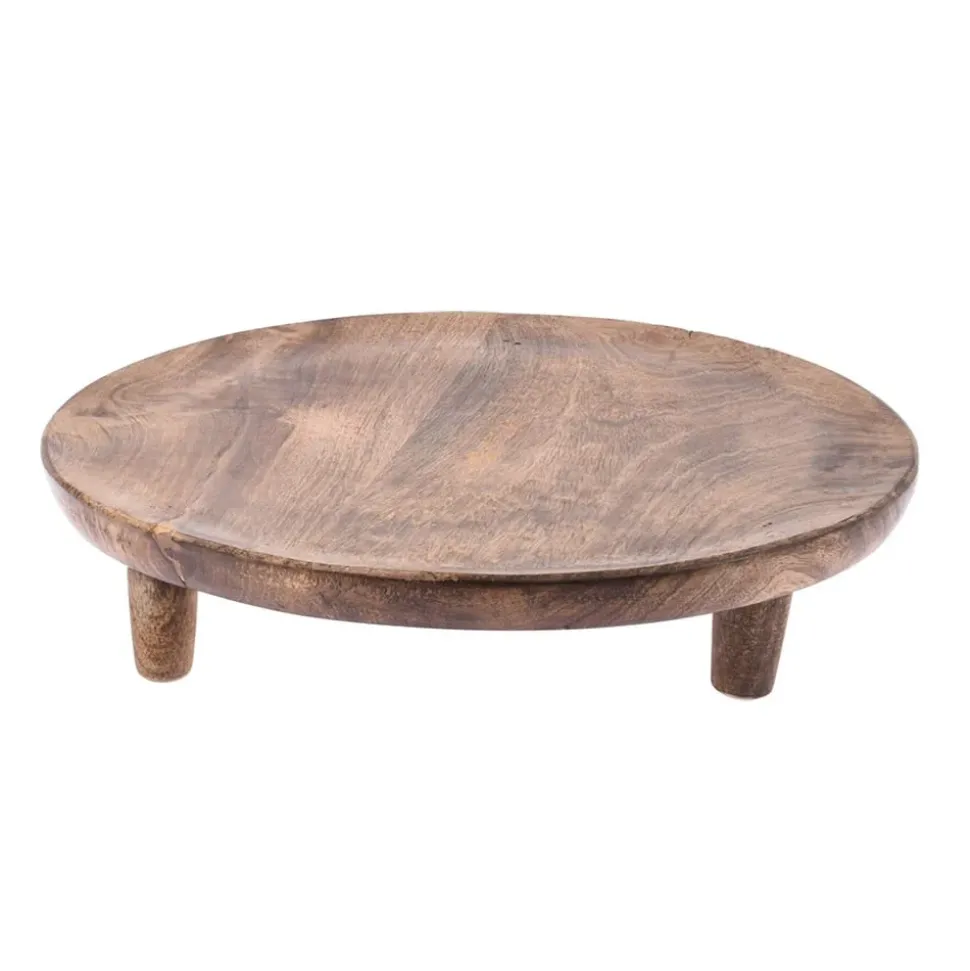 Mango wood round plate on a stand, 12"