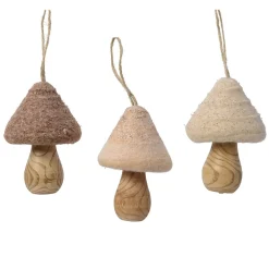 Ornement de Noël champignon en laine et bois, 4″