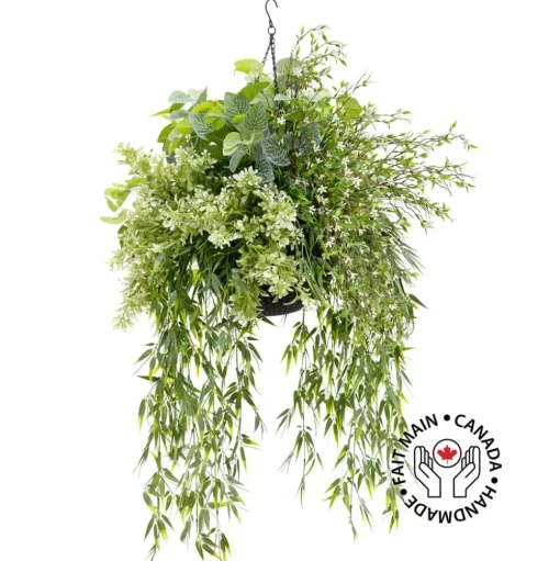 Outdoor artificial white starflower hanging planter, 35 x 25"