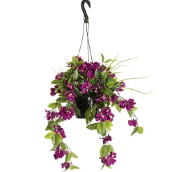 Outdoor hanging planter of purple bougainvillea, 18 x 16″