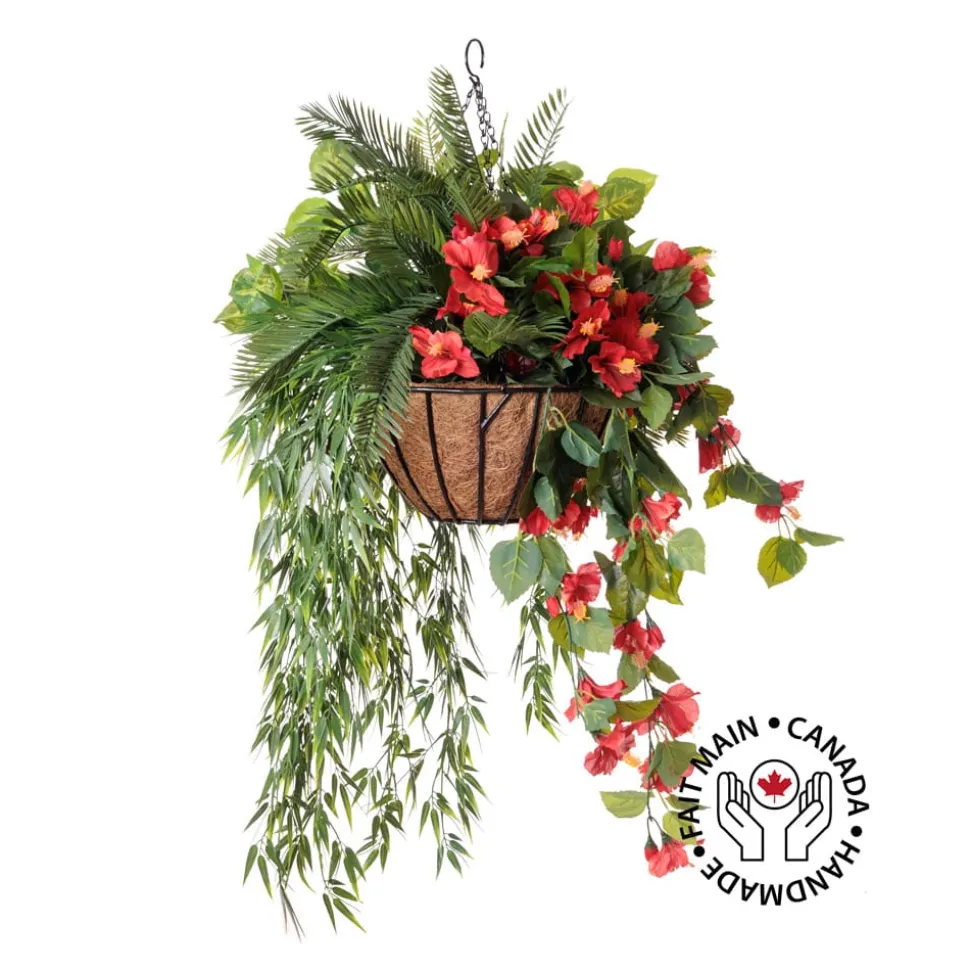 Panier suspendu artificiel de cycas et hibiscus rouge, 36 x 22″