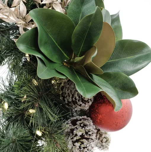 Red ball and magnolia decorated Christmas garland, 7 x 108"