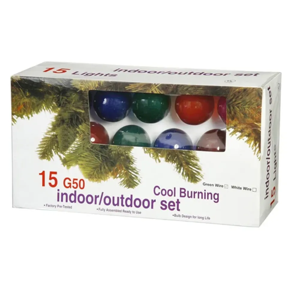 Set of 15 multicolor G50 outdoor lights on green wire, 10′