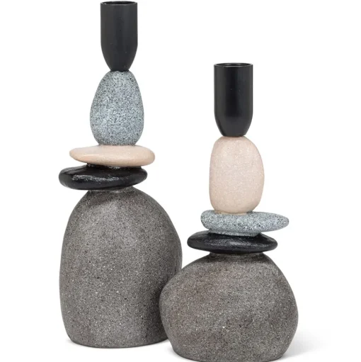 Stacked stone taper candle holder, 9"