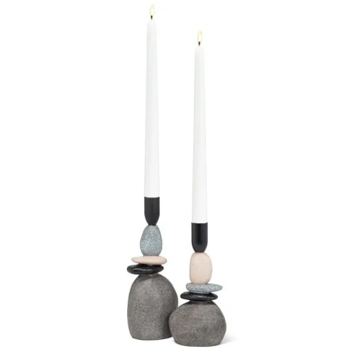 Stacked stone taper candle holder, 9"