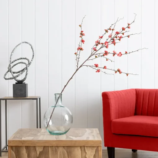 Tige de pêcher rouge artificiel en fleurs, 46″