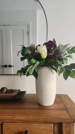 White and burgundy floral arrangement
