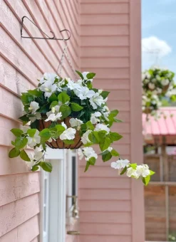 White hibiscus outdoor hanging flower basket, 24 x 22″